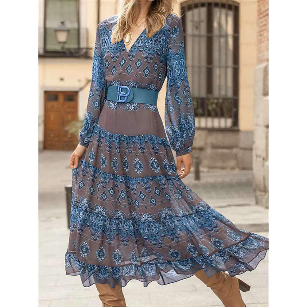 European And American Sleeved V-Neck Waist Cinching Slimming A-E Baroque Printed Dress Elegant Large Swing Long Skirt With Belt Fashionable Quality Cl