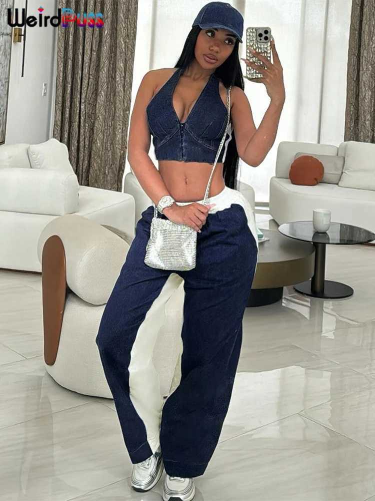 Women's Two Piece Pants Weird Puss Sporty Women 2 Piece Set Tracksuit Zip Halter Single-Breasted Tank Tops+Straight Pants Matching Strtwear Outfi