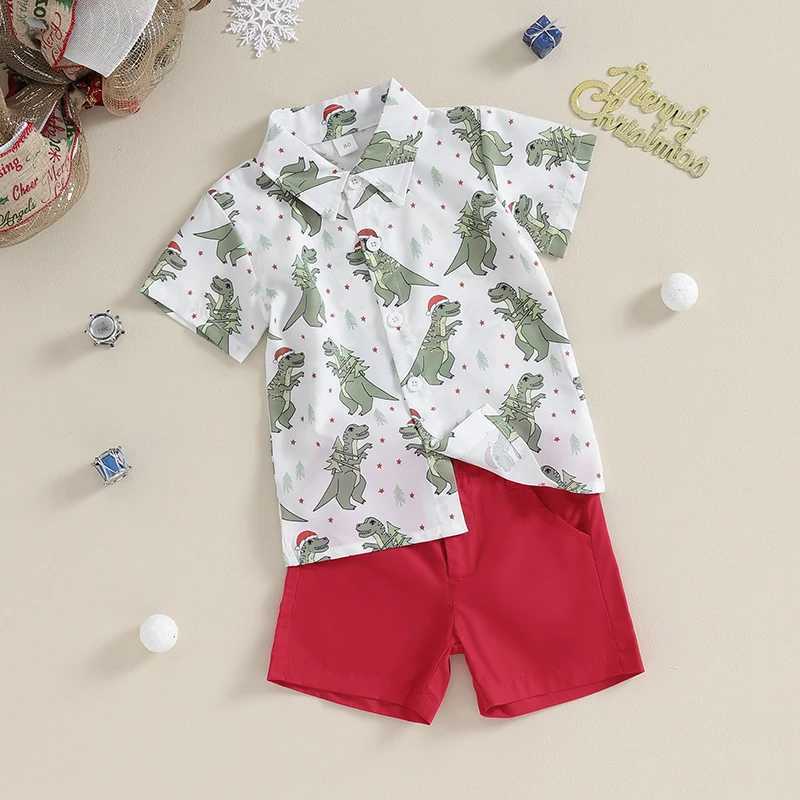 FOCUSNORM Christmas Preschool Baby Boy Clothing Set 0-4Y Dinosaur Printed Short Sleeve Single Chest Shirt W241213