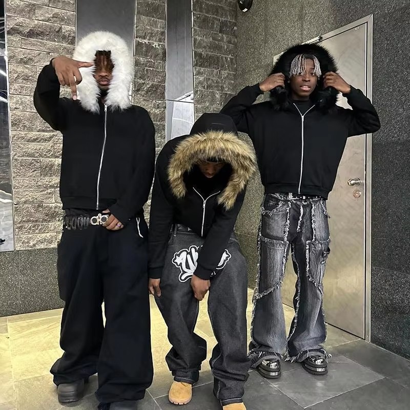 Y2k Retro Black Fur Collar Hoodie Mens Winter High Street Loose Warm Two Piece Set Oversized Street Clothing Ropa Hombre 241121