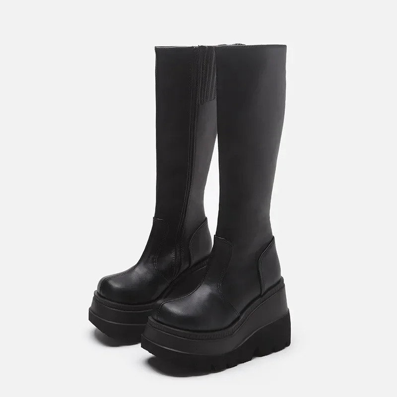 Fashion wedge heel mid tube boots for women Gothic thick soled motorcycle riding boots ultra-thin high platform denim boots 241213