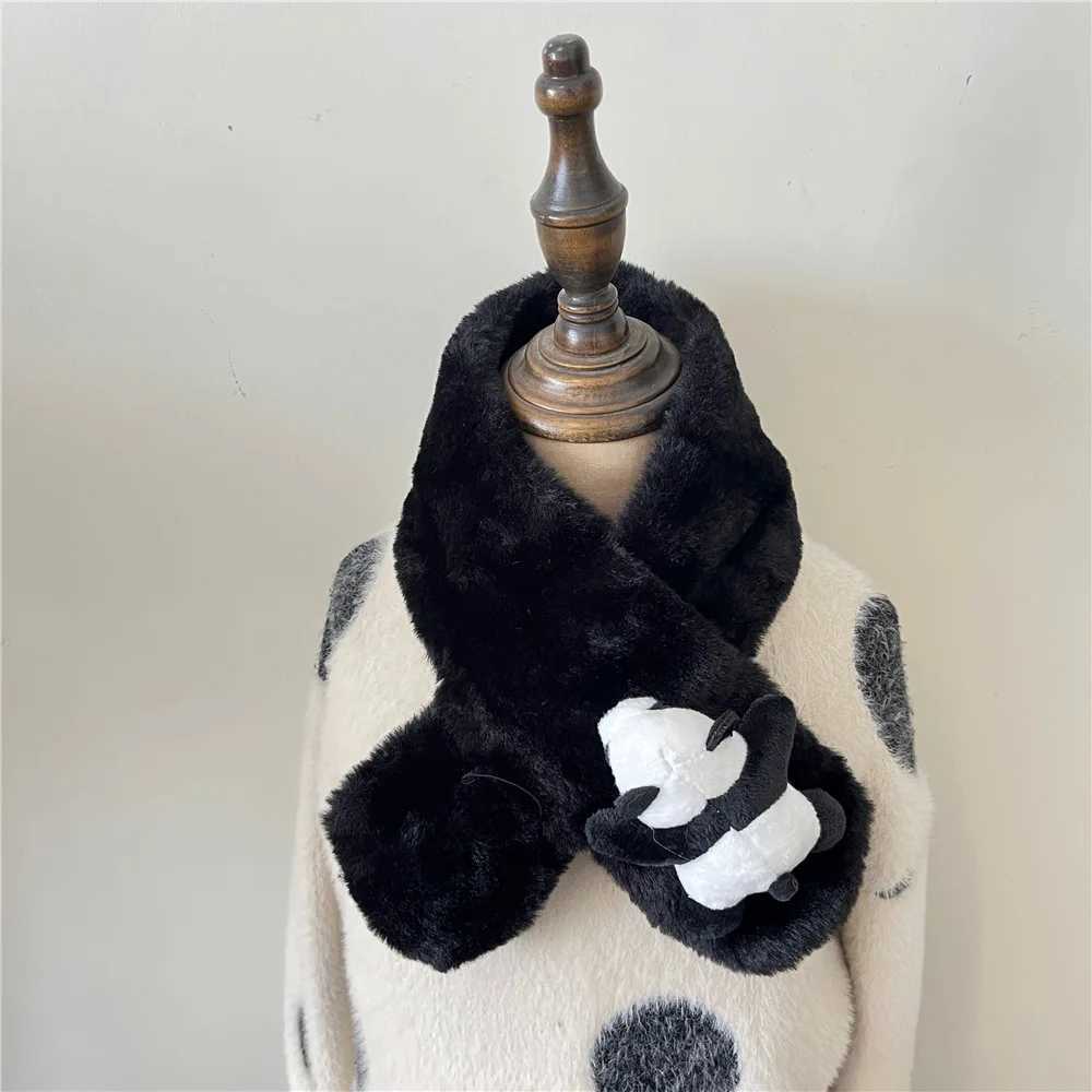 Scarves Wraps Kids Warm Plush Scarf Winter Cute Children Cartoon Panda Faux Fur Cross Scarves For Girls Boys Thickened Neck Ring H241213