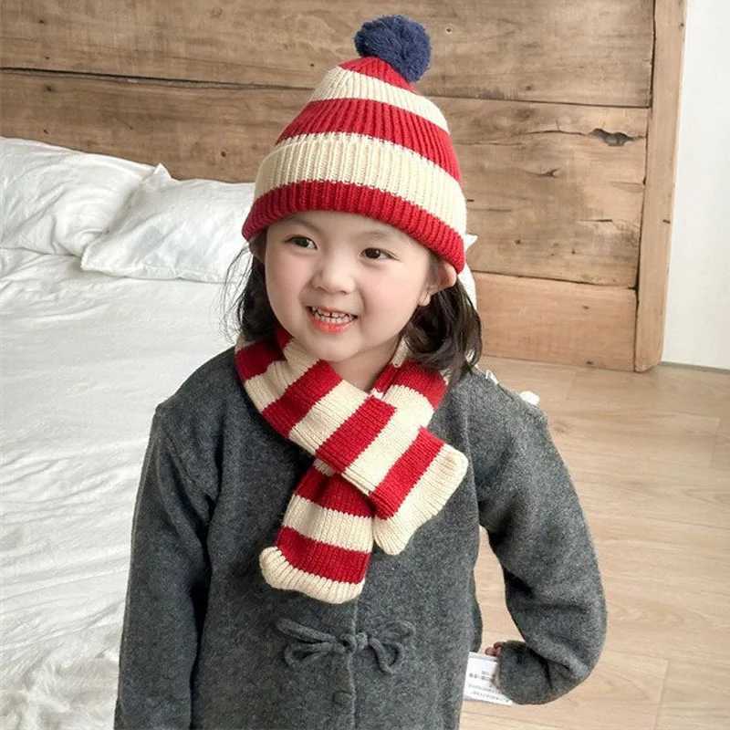 Scarves Wraps 1-8Y Children Caps Scarf Set Autumn Winter Thicken Warm Girls Baby Knitted Hats Neckerchief Fashion Korean Striped Kids Scarves H241213
