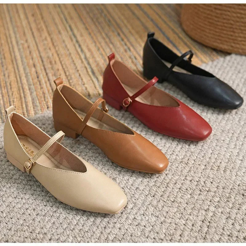 Womens Spring Casual Square Toe Low Bottom Lolita Apartment Ballet Dancer Red Elegant French Retro Buckle Mary Jens 241213