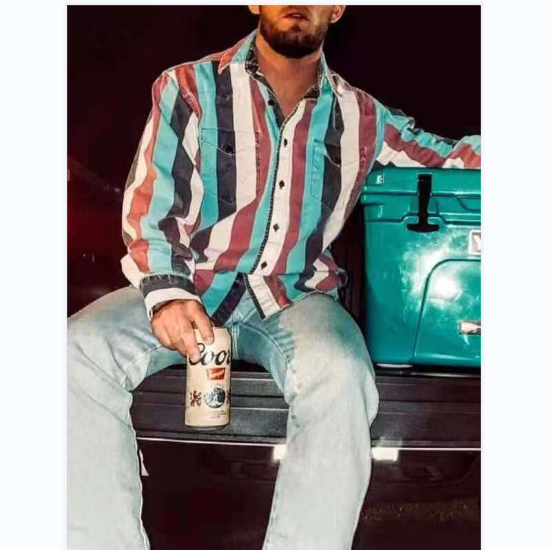 Western Style Colorful Striped European American Sleeved Men's Long Customized Foreign Trade Shirt, Trendy Clothing, Fashionable And Casual Tempe