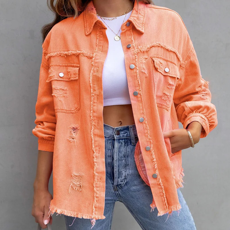 Loose and fashionable womens jacket womens denim jacket solid color top 2024 spring/summer S-XXL 241209