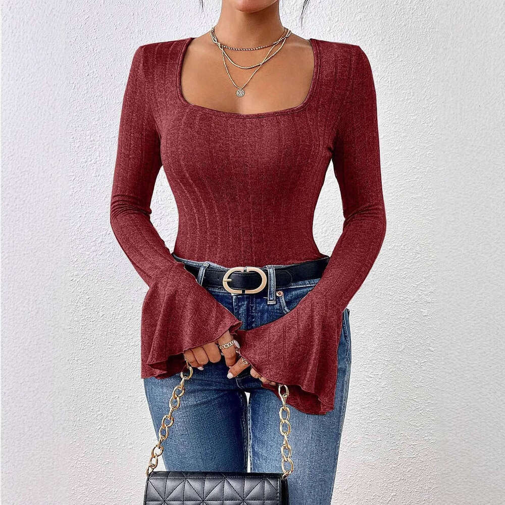 European American style 2024 autumn/winter French square collar with a stylish and slim fit top, flared long sleeved T-shirt for women