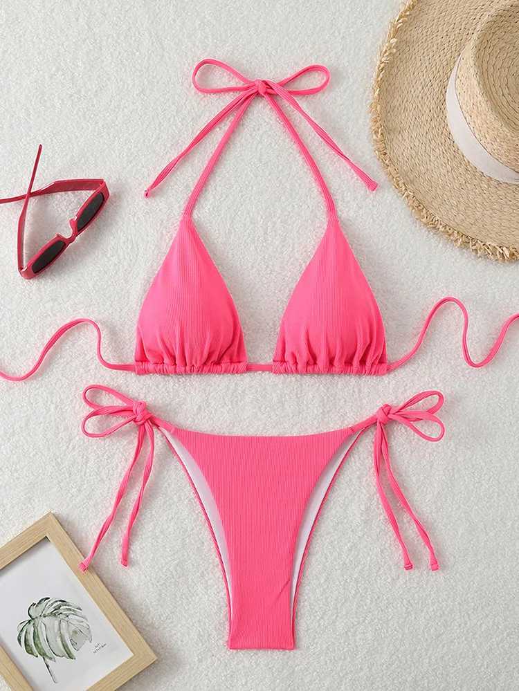 Pit Stripe Fabric Women Halter Bikini 11 Colors Hanging Neck Swimsuit Lace Up Sexy ss Brazilian Beach Bathing Suit 2025XJ241212