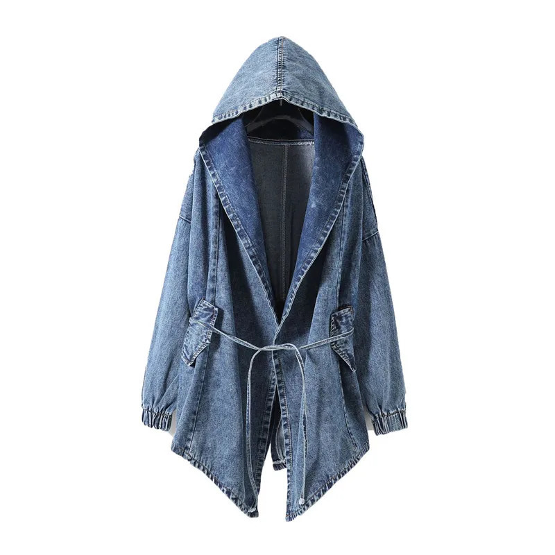 Autumn Womens Retro Hoodie Cowboy Coat Elastic Waist Lace Top Batwing Sleeve Blue Jeans Jacket Korean Loose Casual Street Wear 241211