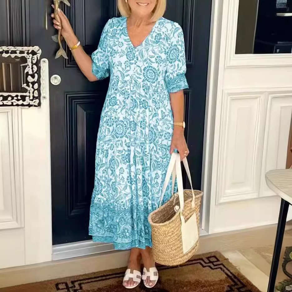 Temperament Commuting V-Neck Short Sleeved Ral Tie Printed Loose Long Dress