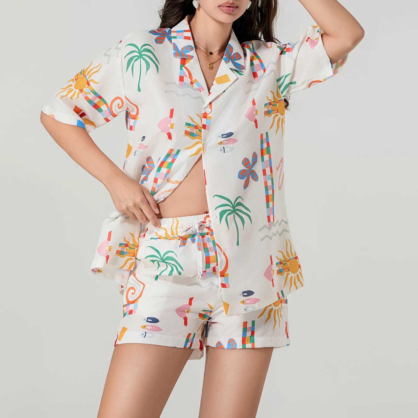 Women's Two Piece Pants Womens Casual 2 Piece Outfits Sun Print Short Slve Lapel Neck Button Up Shirt and Drawstring Shorts Set Loungewear Y24121