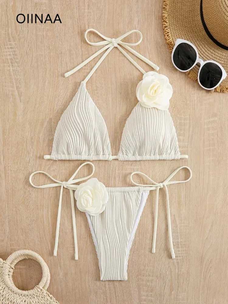OIINAA Swimsuit Women Sexy 3D Rose Flower Bikini Set Solid Halter Swimwear Drawstring Lace Up Biquinis Two-pieces Bathing SuitXJ241212