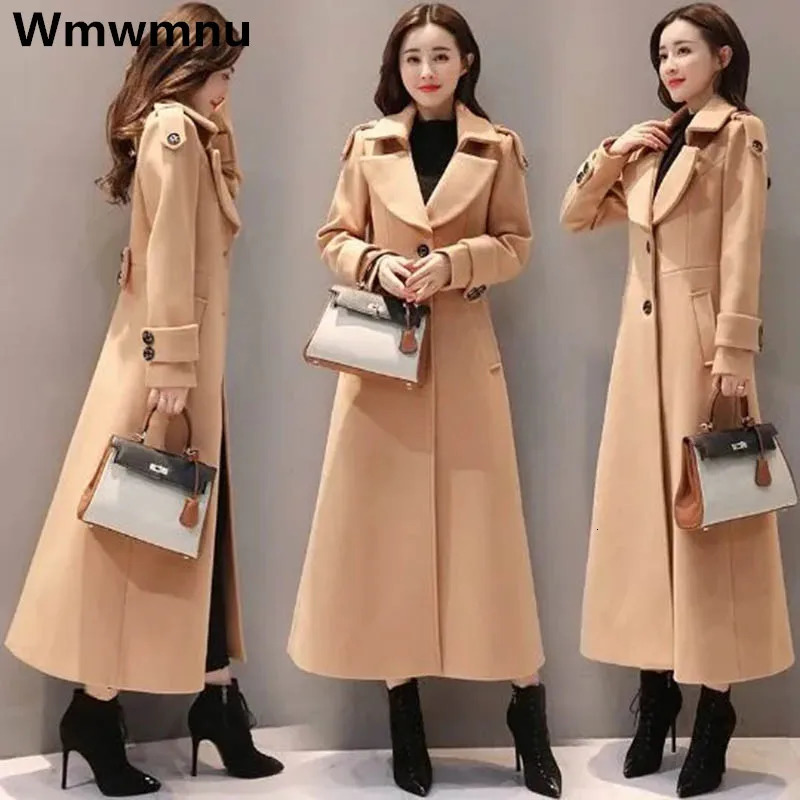 Winter Womens Elegant Long Woolen Coats Warm Slim Thicken Trench Overcoat Office Lady Fashion Plus Size 70kg Classic Jackets 241213