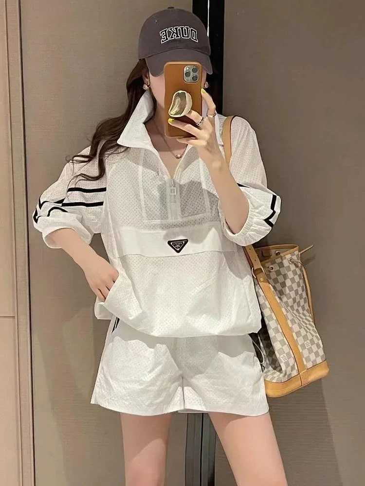 Women's Two Piece Pants Fashion 2Pcs Oversize Women Sweat Suit Set Thin Long Slve 2023 New Sunscrn Coat Top and Shorts Two Piece Set White Outfit