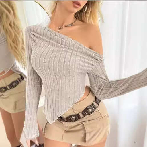 2024 hot selg women's asymmetrical collar pullover solid color long sleeved knitted sweater in Europe and America