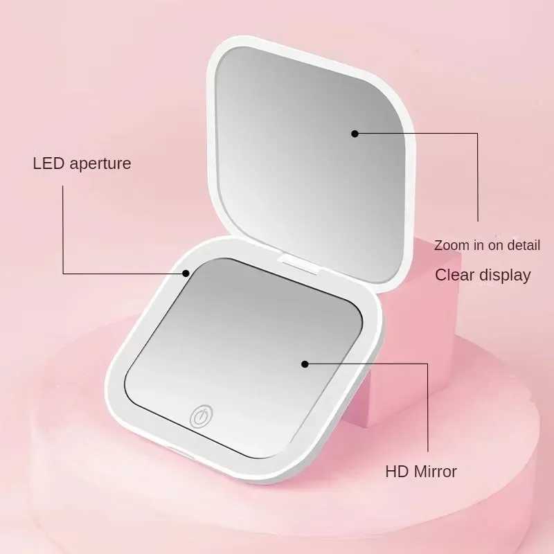 Compact Mini Led Light Makeup Mirror with 2X Magnifying Portable Hand Held Pocket Travel Foldable Women Cosmetic Pocket MirrorXJ241213