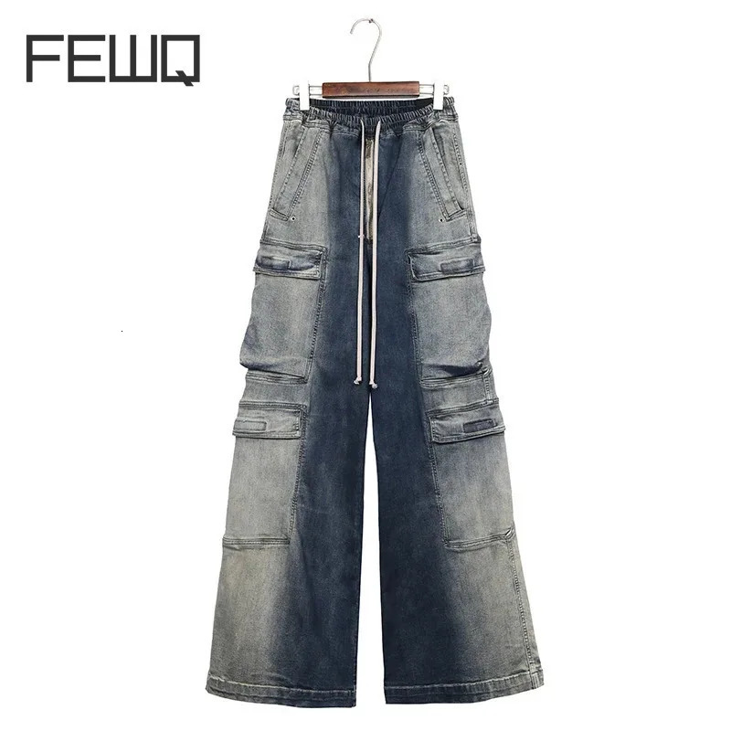 FEWQ High Street Mens Jeans Fashion Vintage Wide Leg Gradient Denim Pants Trend Worn Out Streetwear Overalls 24X3196 241112