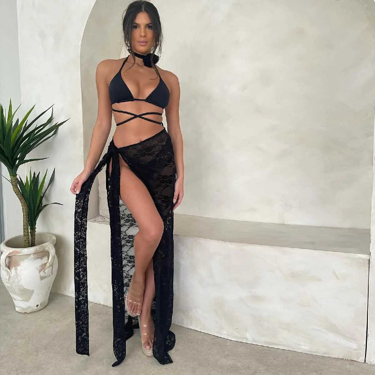 3Packs Flower Bikini With Beach Skirt Lace Up Swimsuit Women Sexy Swimwear Fa Crochet Dr Bathing Suits Sarongs BiquiniXJ241212