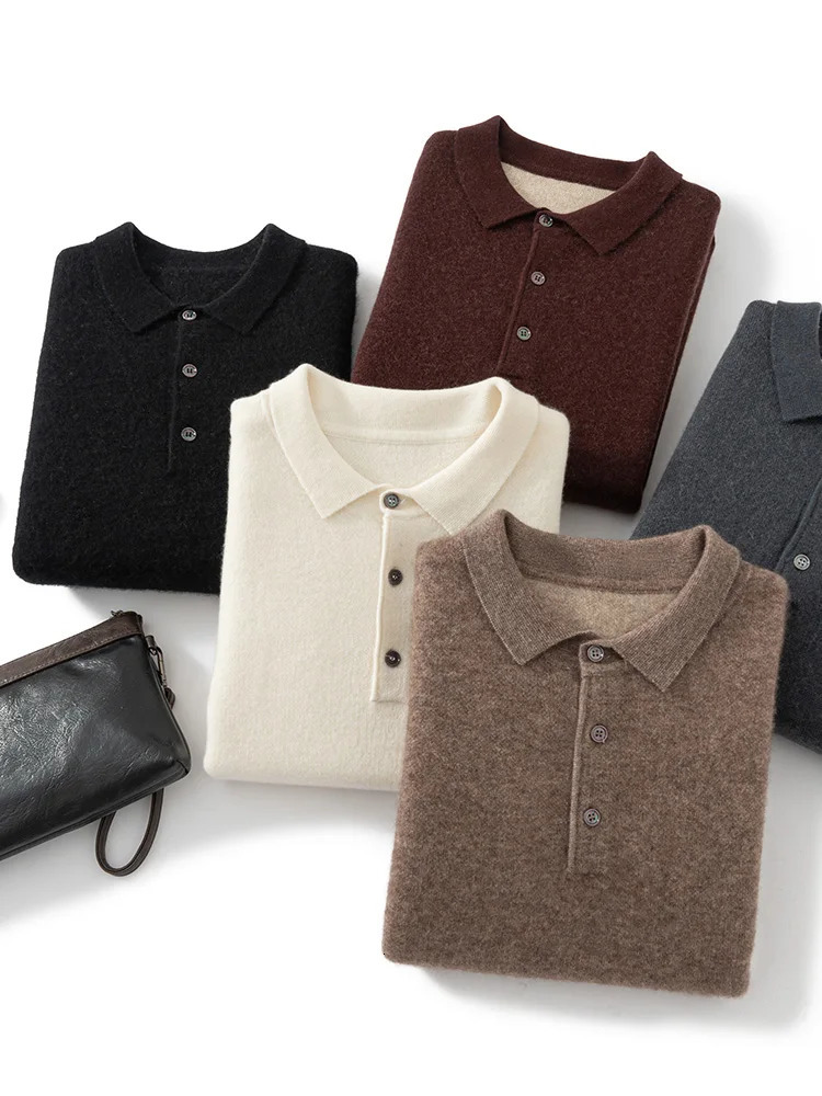 High Quality Men Thick 100% Cashmere Sweater Polo Pullover Autumn Winter Knitwear Long Sleeve Smart Casual Clothing Top 241213