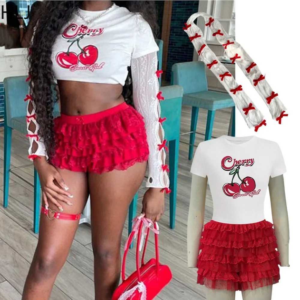 Women's Two Piece Pants HLJ Swt Cherry Printing Y2K 3 Piece Sets Women O Neck Short Slve Crop Top And Lace Ruched Shorts Outfits Fashion Strtwear