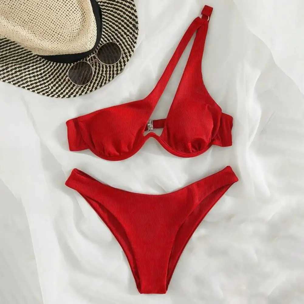 Two piece swimsuit set fashionable one shoulder bikini set with high waist hem womens solid color swimsuitXJ250315