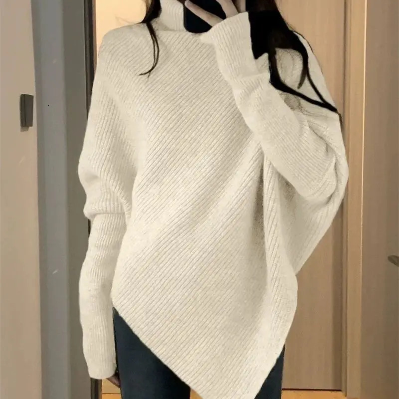 Autumn and Winter Womens Sweater Korean Fashion Casual Turtle Neck Solid Asymmetric Loose Batwing Sleeve Pulling Flower Knitted Top 241212