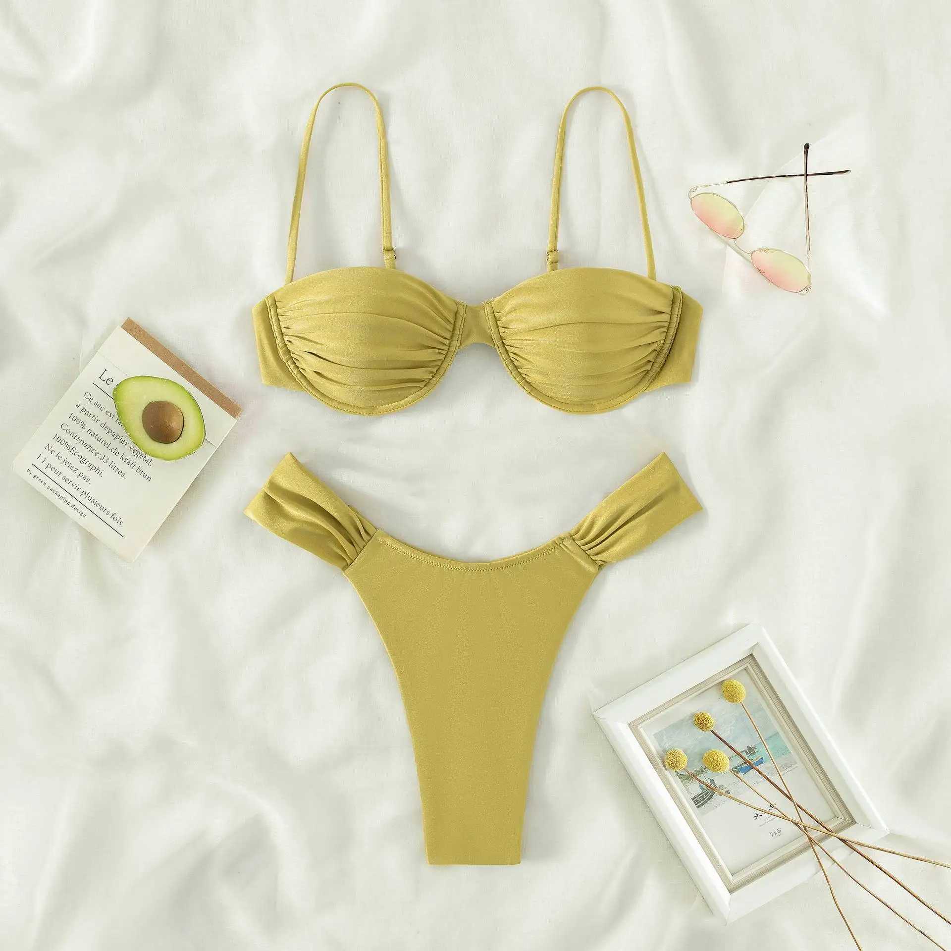 Women Sexy High Cut Bikini Sets Push-up Pated Bra+Low Waist Bris Two-Piece Swimsuits Solid Color Swimwear Beachwear BiquinisXJ241212