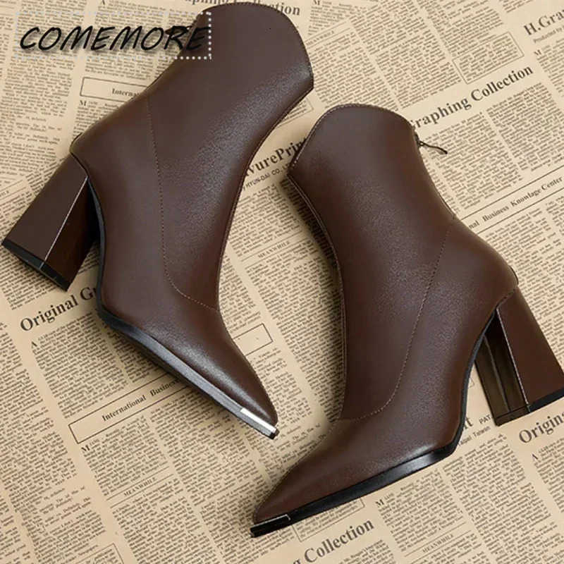 2024 Winter High Heels Sexy Womens Shoes Short and Fat Ankle Chelsea Boots Fashion Corner Toe Zipper Gothic Pump Black Brown 241213