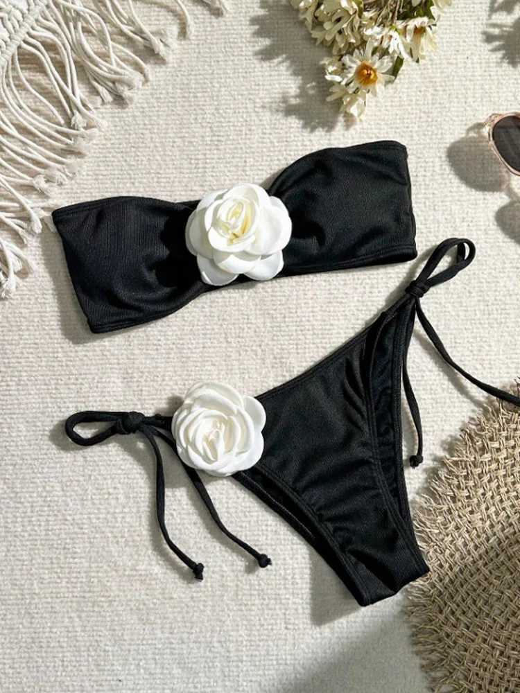 Sexy Floral Bandeau Bikini 2 Piece Set Women Lace Up Split Swimsuit High Waist ss Beach Bikini 2024 New Summer Bikinis SetXJ241212