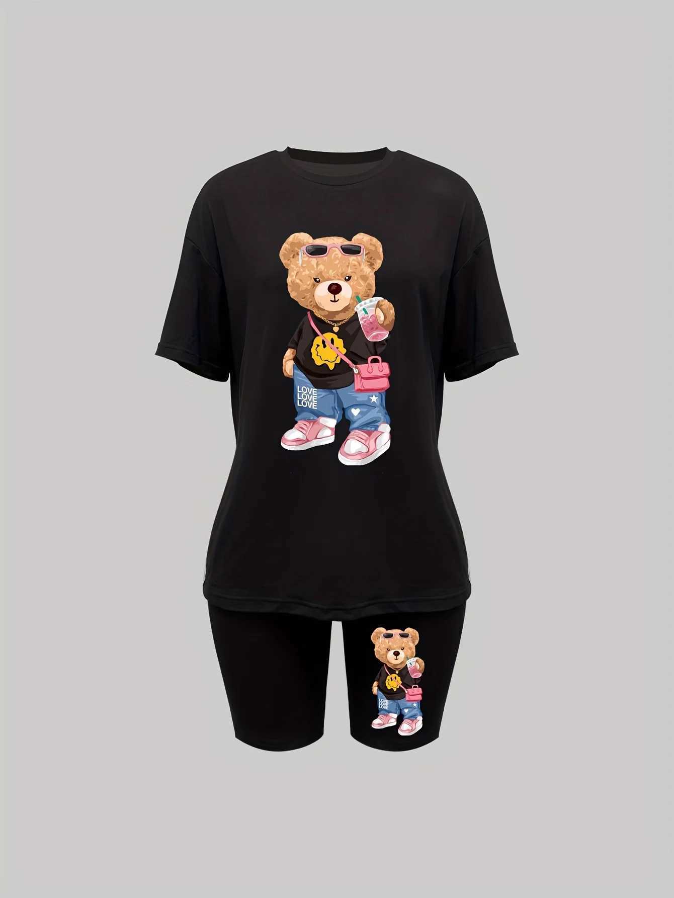 Women's Two Piece Pants Womens summer casual oversized BEAR cartoon print loose round neck short slved T-shirt+shorts two-piece set Y241213HU2T