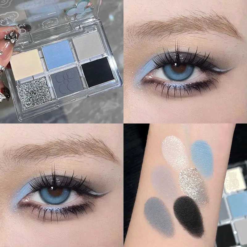 Matte Grey Blue Smoky Eye Shadow Palette 6-Color Glitter Silver Acrylic Eye Shadows Palette For Lasting Eye Makeup Cosmetics W241213