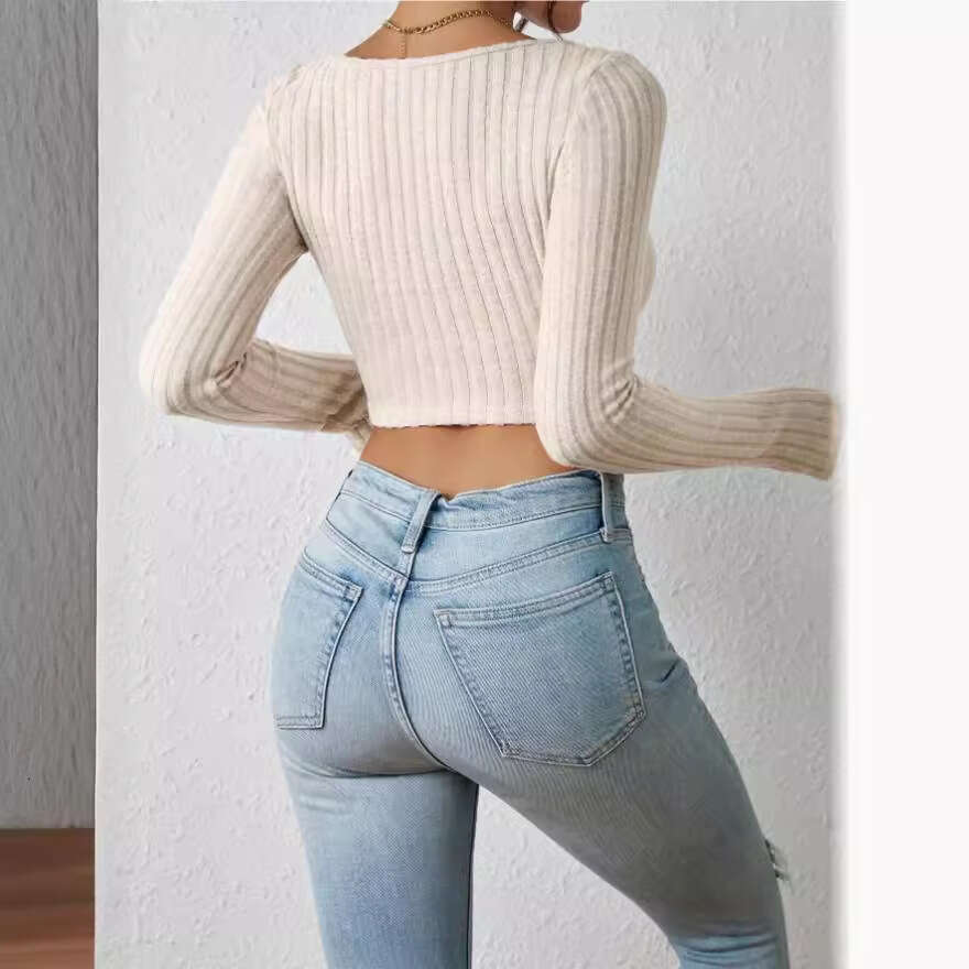 European and American hot selg 2024 summer new square neck long sleeved irregular pit stripe T-shirt for women