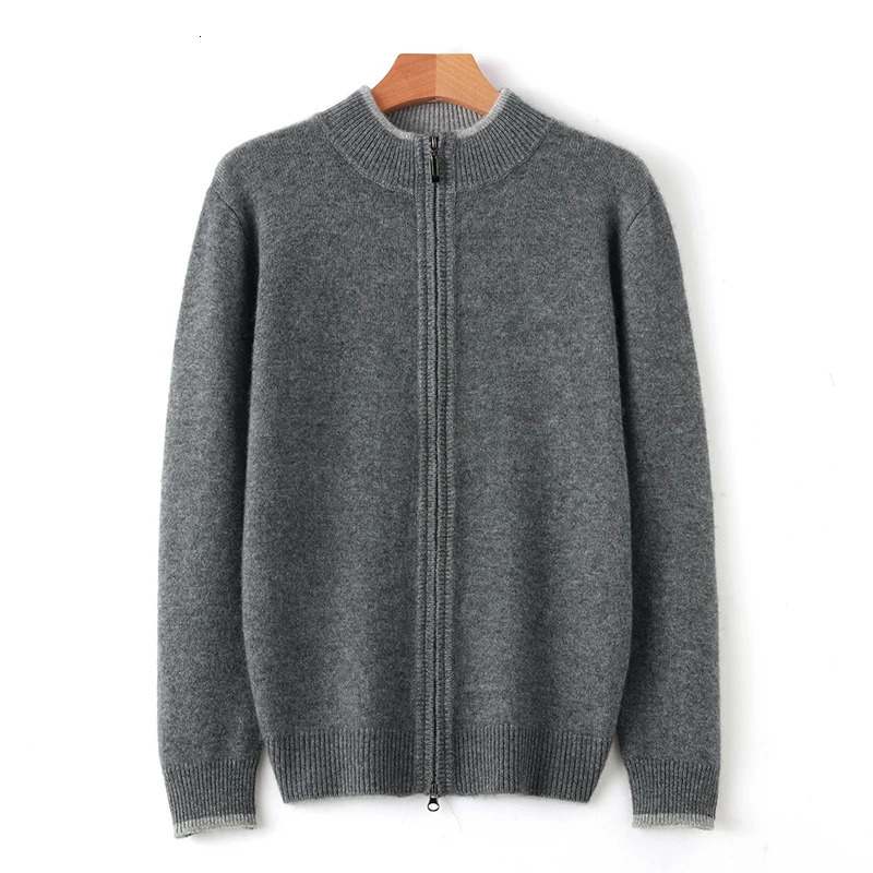AutumnWinter 100% Pure Cashmere Sweater Mens Half High Neck Knitted Zippered Cardigan Solid Color Wool Top Coat 241213