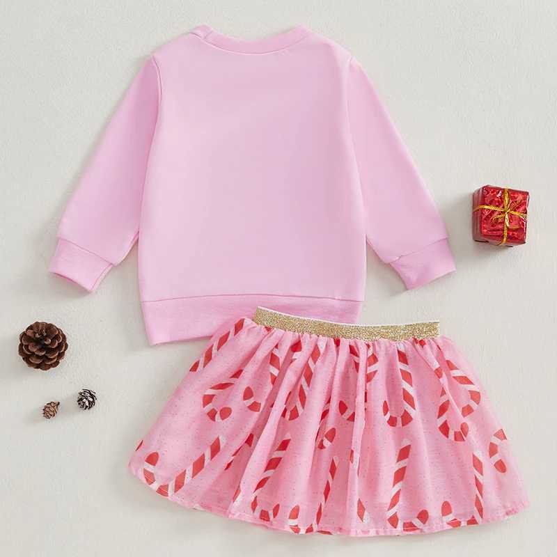 2 pieces of round neck long sleeved sweatshirt+candy canvas printed chiffon ski set for children and girls Christmas set baby clothing W241213