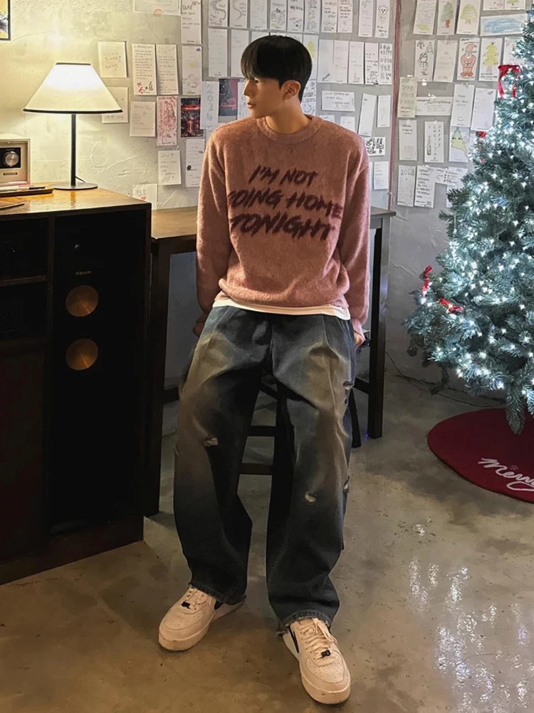 Korean Style Mens Mohair Sweaters Casual Round Collar Letter Print Loose Pullover Tops Trendy Male Knits Winter 241213