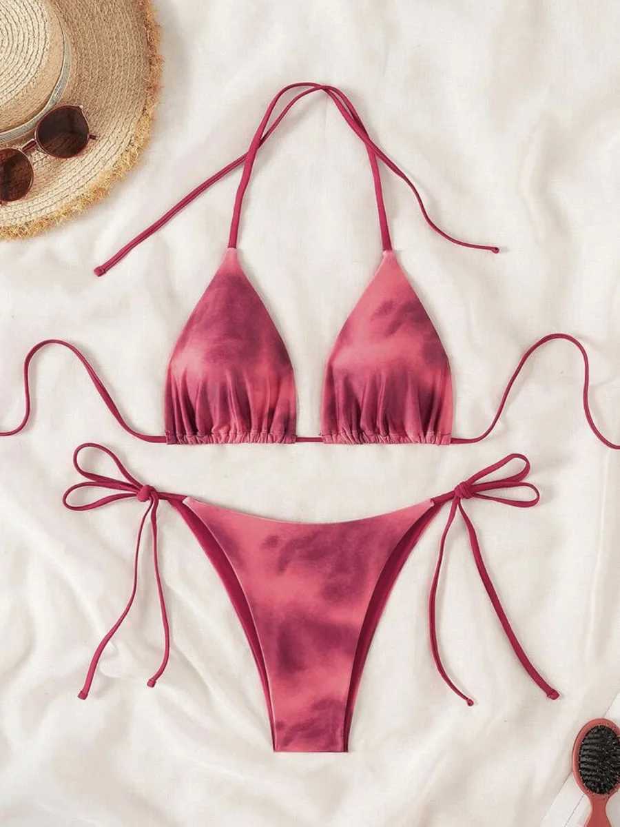 Tie Dye Bikins 2024 Mini Micro String Bikini Women Swimwear Fa Swimsuit Two Pieces Bikini Set Halter Bathing Suit Swim LadyXJ241212