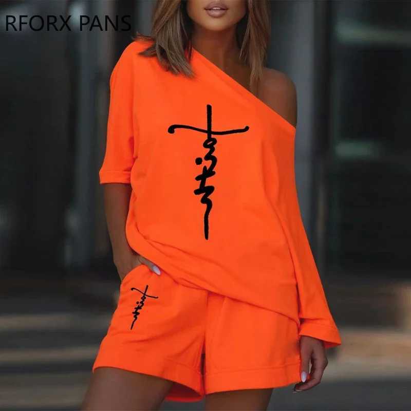 Women's Two Piece Pants Women Chic Thr Quarter Slves Letter Pattern Skew Collar Mini Casual Straight Short Sets Y241213PQN3
