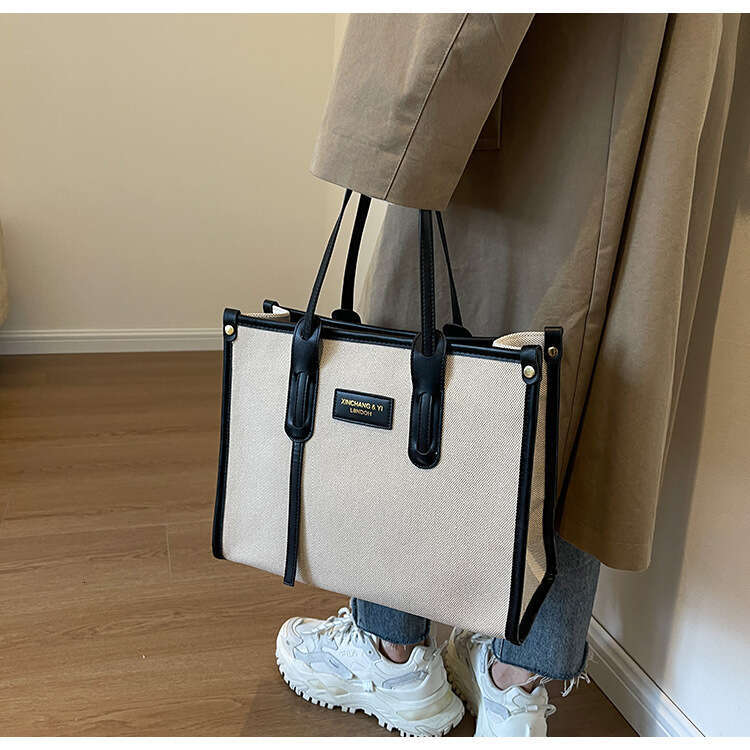 Large Capacity Hand-Held Women's New Trendy Canvas Contrasting Tote Daily Commuting Single Shoulder Crossbody Bag, Fashionable Quality Classic