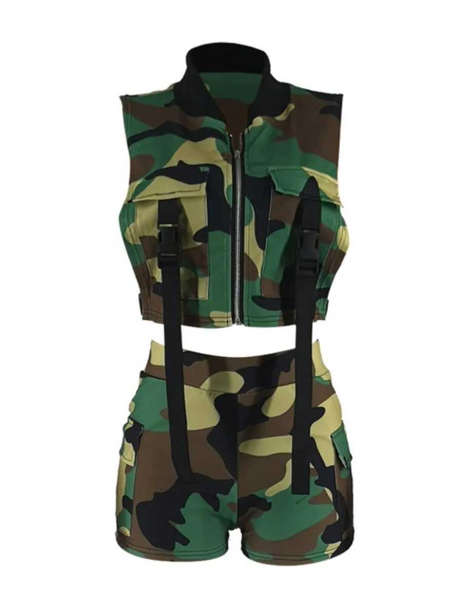 Women's Two Piece Pants LW Camo Print Buckle Design Side Pocket Y2k Shorts Set Zipper Up Slveless Crew Neck Top Matching Casual Bottoms Stylish 2