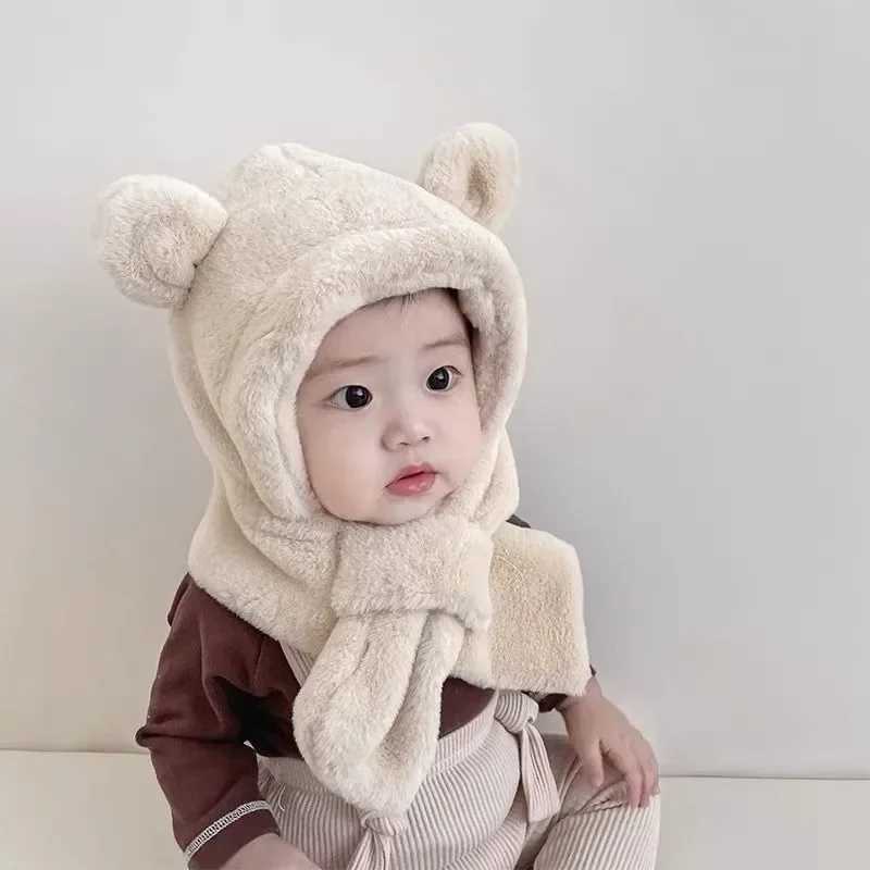 Winter Baby Hat Scarf One-Piece Faux Fur Kids Hats Bear Warm Neck Ear Cap for Boys Girls Windproof Beanies Infant StuffsXJ241213