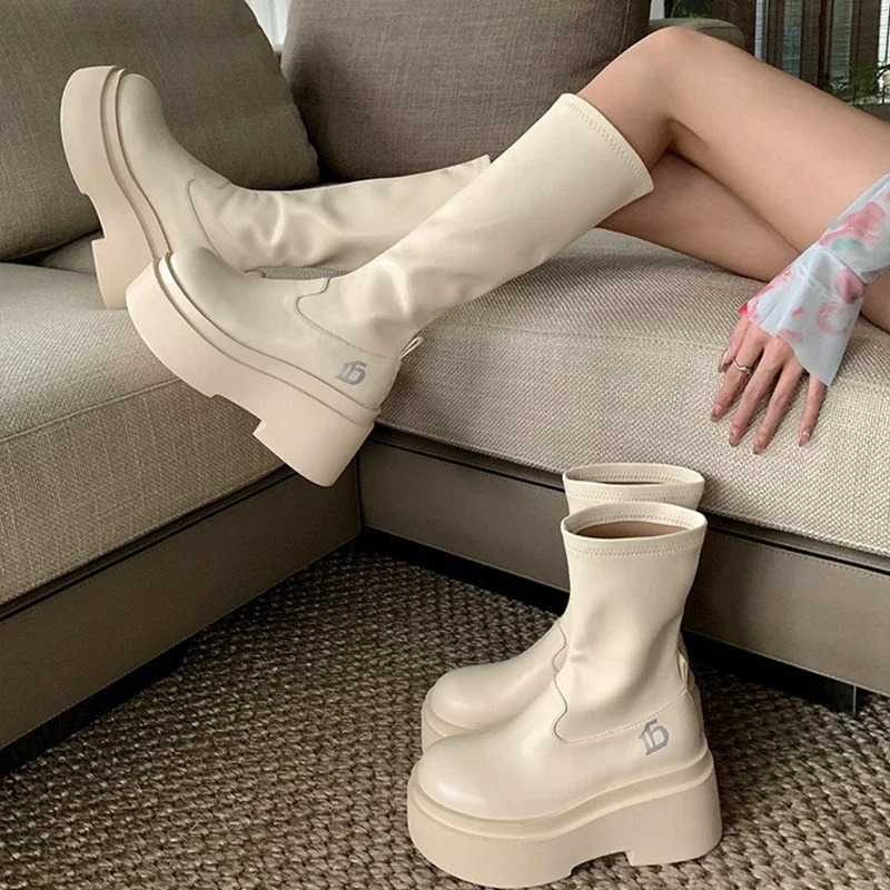 Street Style Autumn Winter Women Knee High Boots Fashion Slip on Platform Heels Concise Long Botas De Mujer 241213