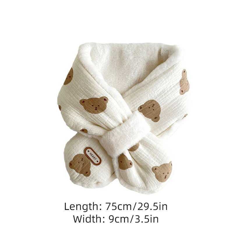 Scarves Wraps Cute Bear Baby Scarf Winter Warm Plush Cross Neckerchief for Boy Girl Korean Cartoon Print Faux Fur Kids Neck Collar H241213