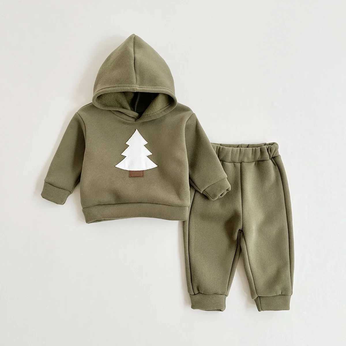 Winter baby clothing set hooded track set Christmas tree boy childrens clothing girl thick plush winter warm cotton jacket set W241213