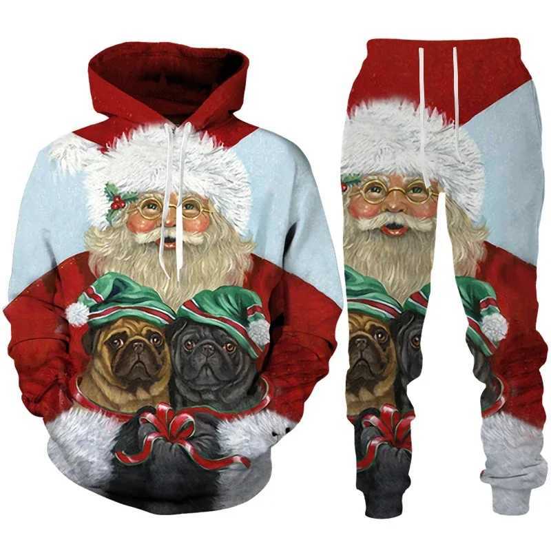 Santa Claus 3D printed mens hoodie sports loose New Year holiday casual oversized pull-out set W241213