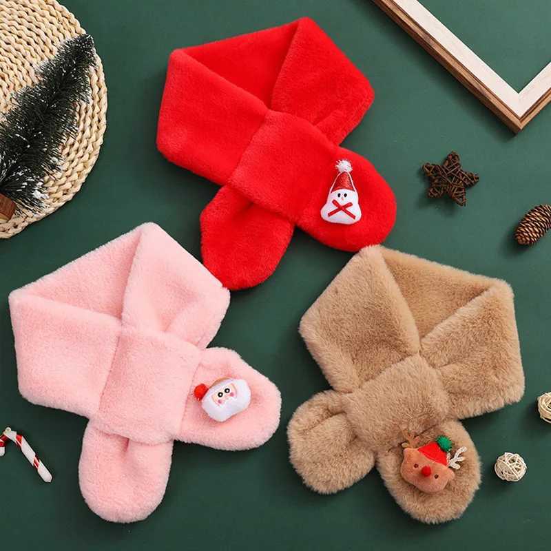 Scarves Wraps Children Christmas Scarf Cartoon Xams Doll Kids Cross Neckerchief Winter Warm Plush Scarves Fluffy Fur Neck Covers 1-13Year Baby H241213