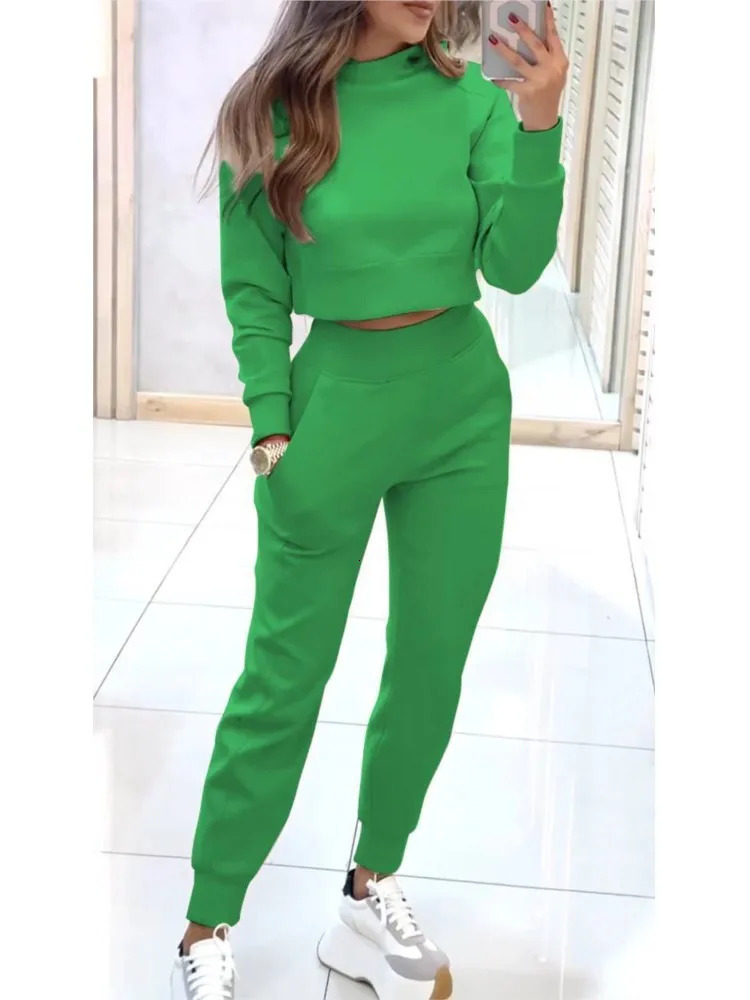 Autumn Winter High Neck Slim Fit Long Sleeve Short Women Solid Color Suit Elegant Fashion Pocket Petite Pants 2 Piece Set Female 241203