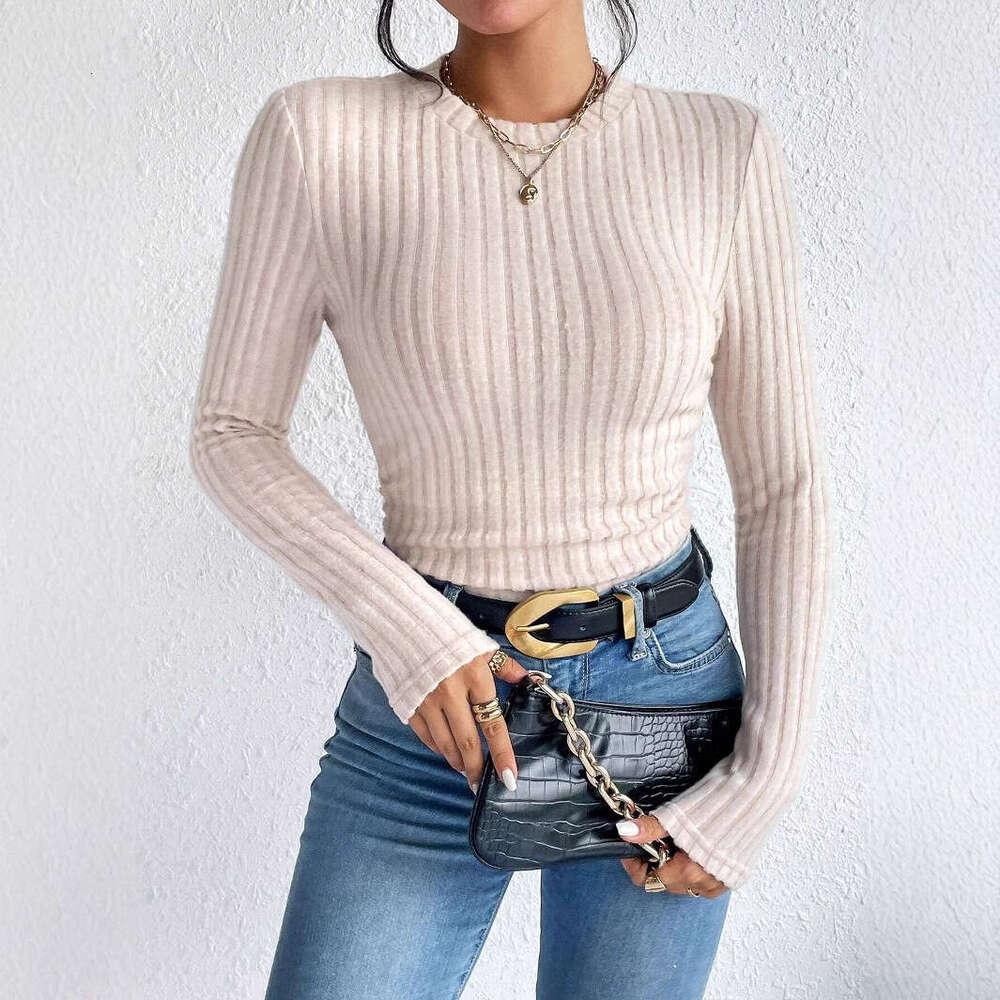 European and American long sleeved top 2024 winter slim fit round neck versatile knitted base T-shirt