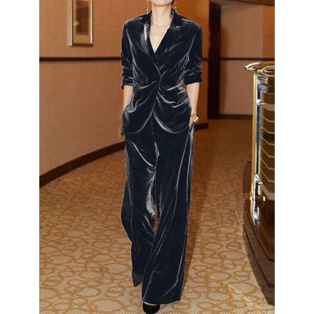 Ladies' Suit Autumn Fashion Elegant Casual Women Veet Pantsuits Vintage Slim Solid Jackets High Waist Pants 2 Pieces Set Female Outfits New