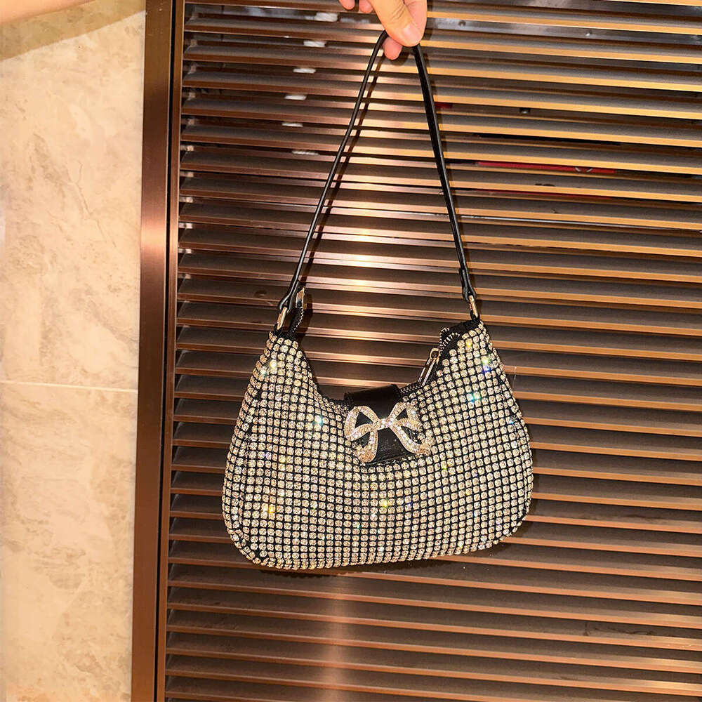 Luxury designer diamond studded women's armpit niche sparkling rhinestone dinner bag, cute bow handbag