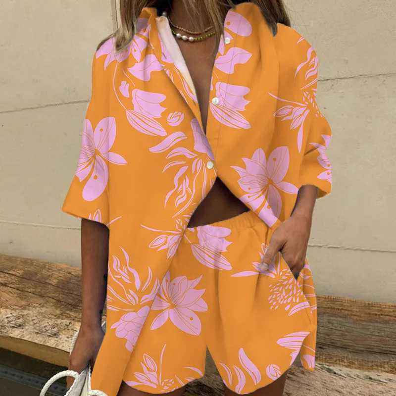 Women's Two Piece Pants Women Two Piece Set Casual Bohemian Beach Vacation Shirts Short 2 Piece Sets For Womens Summer Loose Print Suit Outfites 